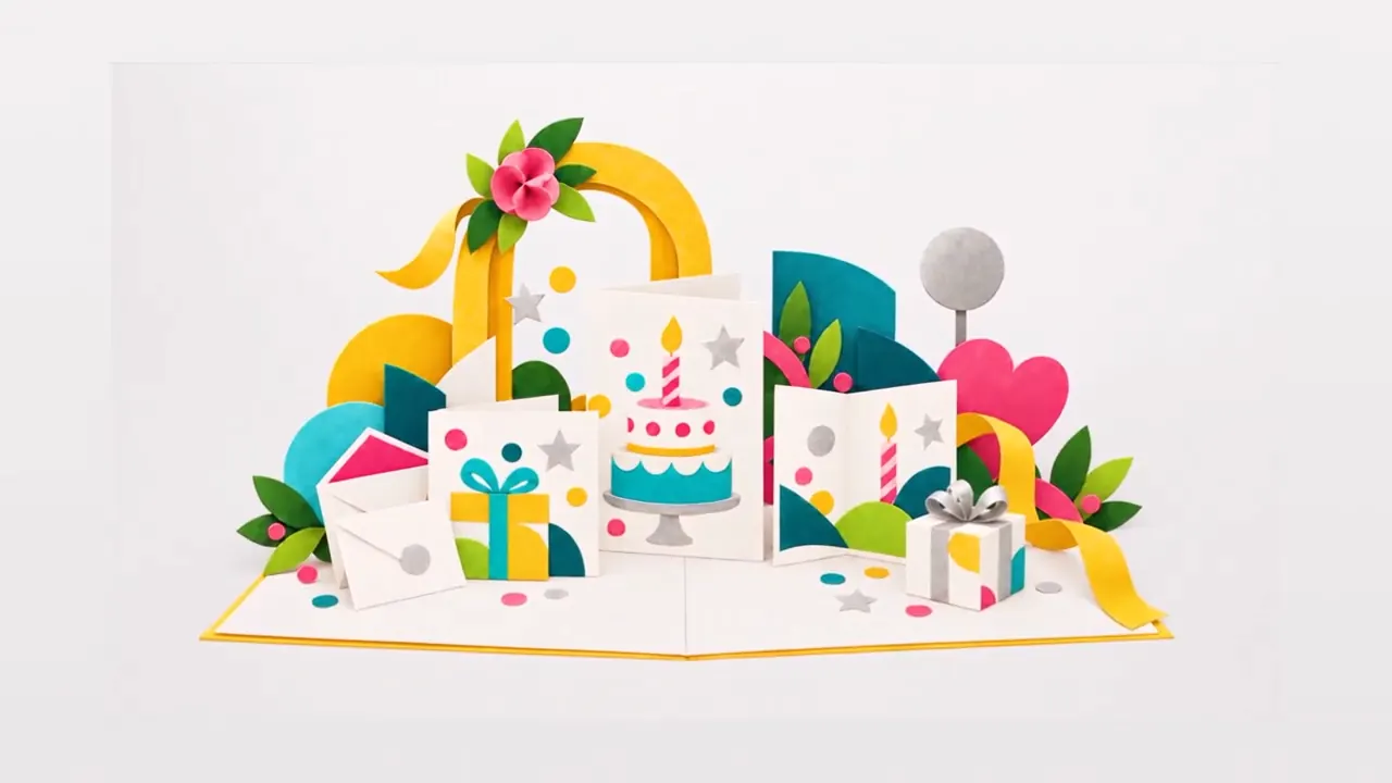 An open paper pop-up card showing a miniature illustrated birthday scene